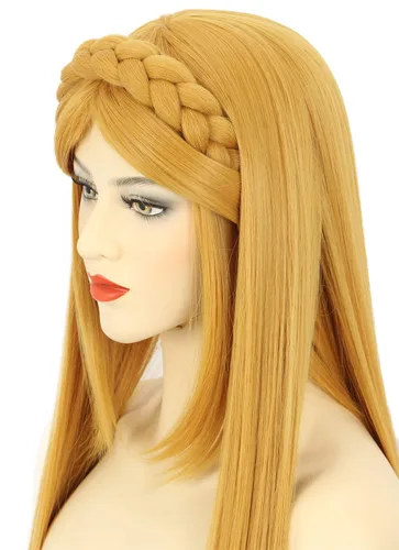 Vista 6 de karlery Peluca larga recta amarilla para mujeres adultas con trenza para Halloween, cosplay, fiesta de disfraces, peluca con orejas de elfo