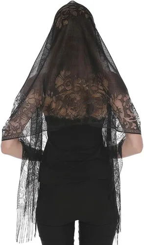 Vista 3 de Yeieeo Velo rectangular capilla encaje floral masa cabeza cubrir velos, Negro