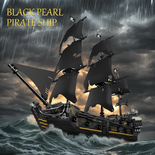 Vista 2 de JMBricklayer Juego de construcción de modelo de barco pirata, kits de juguetes misteriosos de perlas negras, bloques coleccionables, juguete genial