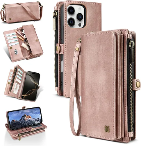 Vista 26 de Funda tipo cartera para iPhone 16 Pro Max con 8 tarjeteros, bloqueo RFID, piel sintética, función atril, abatible, correa de muñeca y correa