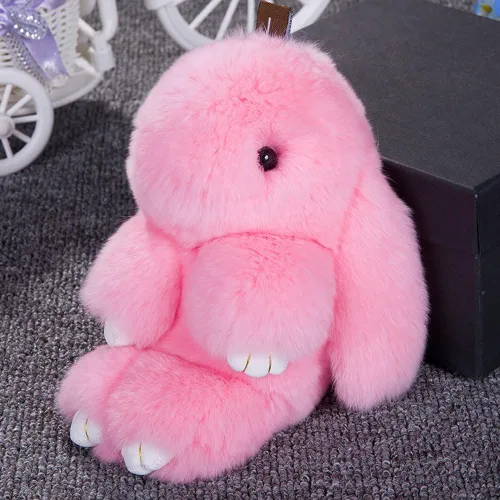 Vista 2 de LvBo Llavero con colgante de muñeca de pompón de piel de conejo, Rex, bolso de mano, Rosado