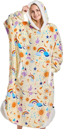 Vista 13 de yescool - Cobija con capucha, sudadera de franela de forro polar sherpa para adultos, mujeres y hombres, talla única