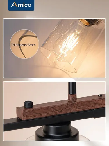Vista 3 de Amico Lámpara de Comedor de 4 Luces para Isla de Cocina con Varillas Ajustables, Candelabro de Decoración Rústica de Metal Negro y Madera