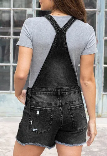 Vista 2 de HAPCOPE Pantalones cortos de mezclilla con tirantes ajustables y dobladillo con puños para mujer