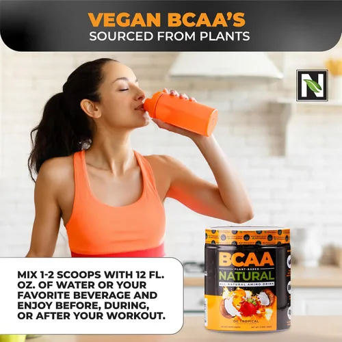 Vista 5 de Nutrology BCAA Natural - Polvo BCAA a base de plantas, sabor a coco naranja, relación optimizada 2:1:1 aminoácidos en polvo para antes