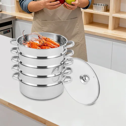 Vista 8 de Olla de vapor para cocinar olla de vapor de acero inoxidable de 5 niveles con tapa, ollas de vapor de 11.8 pulgadas, utensilios de cocina con mango