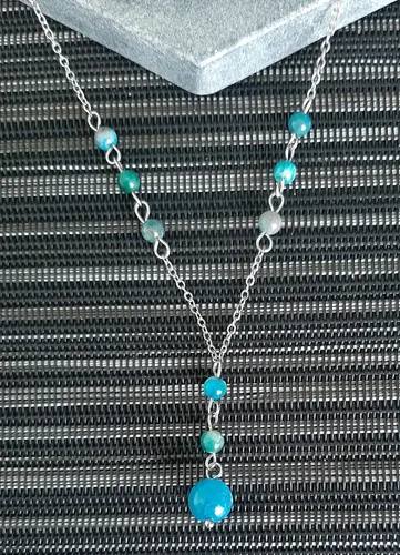 Vista 3 de Natural Crystal Bead Blue Apatite Stone Y Shaped Lariat Necklace Non-Tarnish Steel Chain