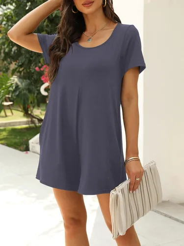 Vista 3 de Qnasey Enterizo de verano de manga corta con cuello redondo y bolsillos para mujer
