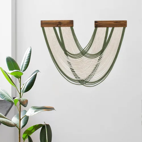 Vista 5 de Tapiz bohemio de macramé para colgar en la pared, tejido teñido anudado de fibra verde y blanca, hecho a mano, para colgar en la pared, grande