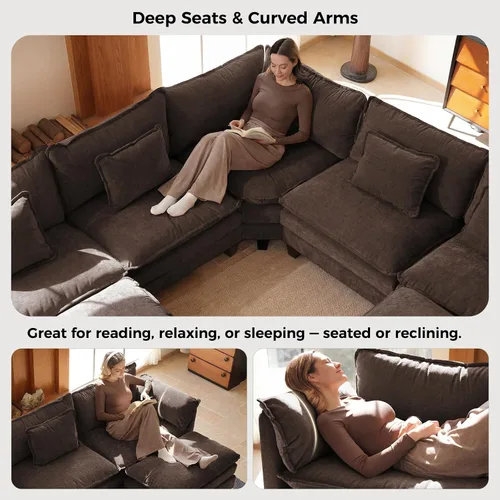 Vista 8 de ELUCHANG Sofá modular en forma de V de 114 pulgadas, sofá modular modular con almohadas de tiro, 5 asientos con esquina cómodo sofá profundo Marrón