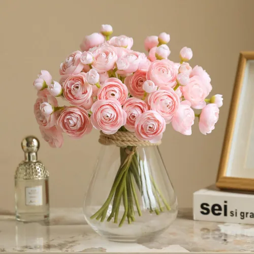 Vista 5 de ASTRYAS Ranunculus Flores artificiales, 18 piezas de seda sintética de color rubor, mini ranúnculo, flores falsas para relleno de boda para ramos