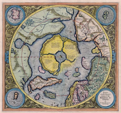Vista 8 de Mercators 1595 - Póster artístico de pared con diseño de mapa de la tierra plana de las regiones del polo norte Septentrionalium Terrarum, póster