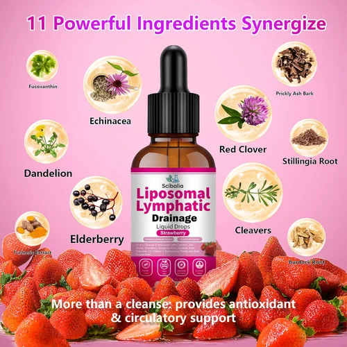 Vista 8 de Gotas de drenaje linfático liposomal, soporte linfático orgánico 11 en 1 con trébol rojo, equinácea, saúco, raíz de bardana para limpieza linfática