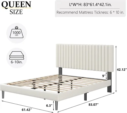 Vista 2 de HAOARA Base de cama de plataforma tamaño Queen con cabecera tapizada de terciopelo, marco de cama Queen con listones de madera fuertes, somier Beige