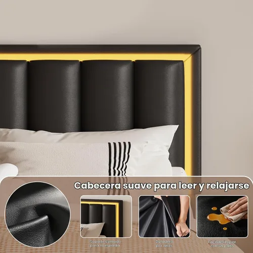 Vista 3 de IMMERSTABLE Base de cama tamaño Queen con cabecero y 4 cajones de almacenamiento, plataforma tapizada de piel sintética con luces LED, listones