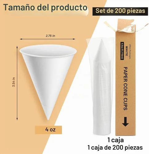 Vista 2 de Roshtia 200 piezas de vasos de cono de papel engrosados, vasos de cono desechables para hielo raspado, enfriador de agua de granizado, blanco