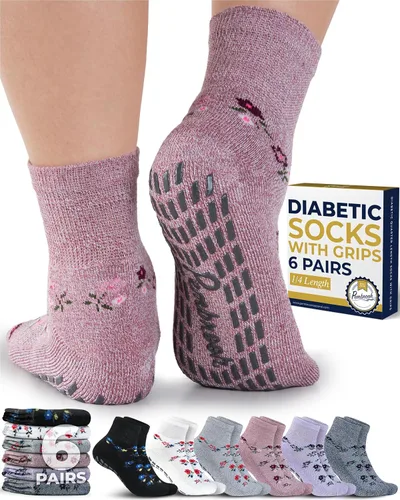 Vista 8 de Pembrook 6 pares de calcetines tobilleros diabéticos para hombres y mujeres con agarres, calcetines de neuropatía de 12 colores para hombres
