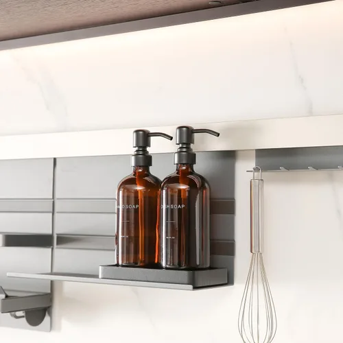 Vista 4 de Juego de dispensador de jabón ámbar Prus Waso, dispensador de jabón para fregadero de cocina con bomba de acero inoxidable negro, perfecto