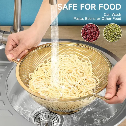 Vista 4 de Colador dorado para cocina, 3 cuartos de galón, colador de acero inoxidable con asa para frutas, verduras, cocinar alimentos, apto para lavavajillas