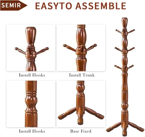 Vista 5 de Perchero de madera para pasillo, árbol de base triangular estable con 3 opciones de altura y 9 ganchos, perchero vintage independiente para pasillo