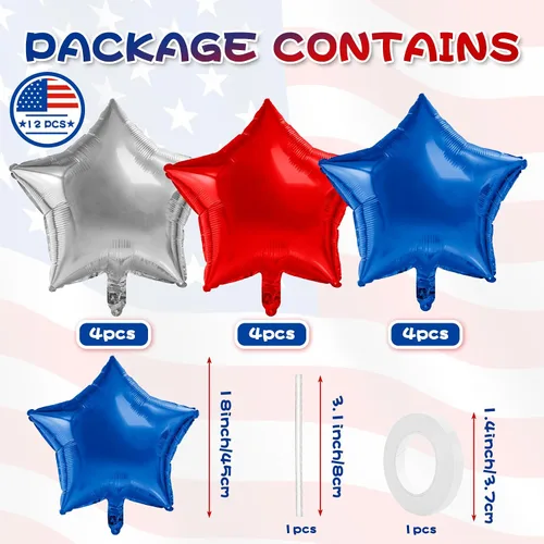 Vista 2 de Kit de arco de globos del 4 de julio, globos rojos, blancos y azules, globos de estrella, globos de Mylar de aluminio de helio, 12 piezas