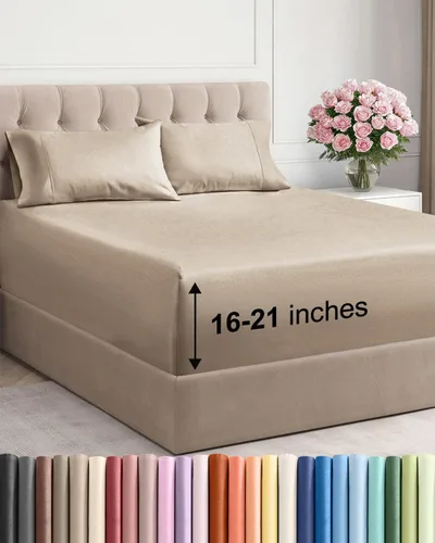 Vista 13 de Juego de sábanas tamaño Queen con bolsillos extra profundos, sábanas transpirables y refrescantes de 4 piezas, ropa de cama de lujo para hotel