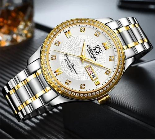 Vista 3 de Gosasa Relojes de oro de lujo hechos en Suiza, relojes de diamantes de acero inoxidable dorado luminoso de la semana del calendario de la exhibición