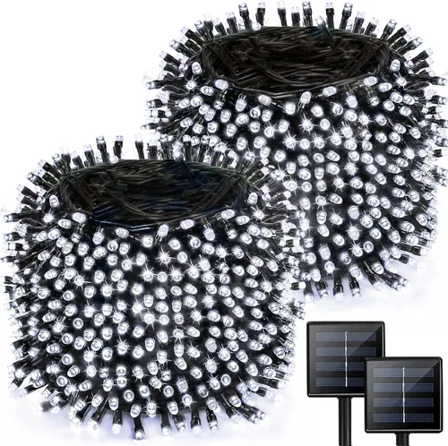 Vista 7 de Paquete de 2 tiras de luces solares de 480 LED para exteriores, luces solares súper largas de Navidad de 170 pies para exteriores con 8 modos