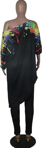 Vista 3 de Yuopeid Sudadera de verano de manga 34 para mujer, diseño irregular de tinta salpicada, pantalones largos, trajes de 2 piezas