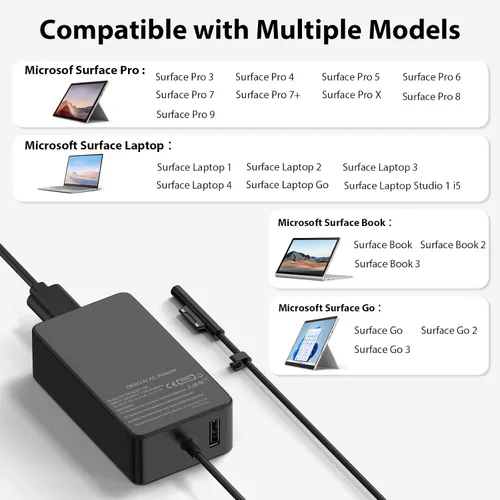 Vista 2 de Cargador Surface Pro de 65 W para Microsoft Surface Pro Charger 10,9, 8, 7+, 7, 6, 5, 4, 3, X, Windows Surface Laptop 5, 4, 3, 2, 1, Studio Surface