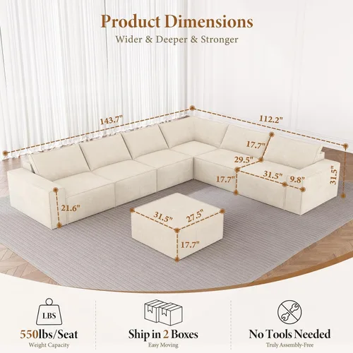 Vista 2 de Vesgantti Sofá Modular Sin Estructura de 143.7" de Tamaño Extra Grande, Moderno Sofá Seccional de 6 Plazas con Otomana y Asiento Profundo, Sofás