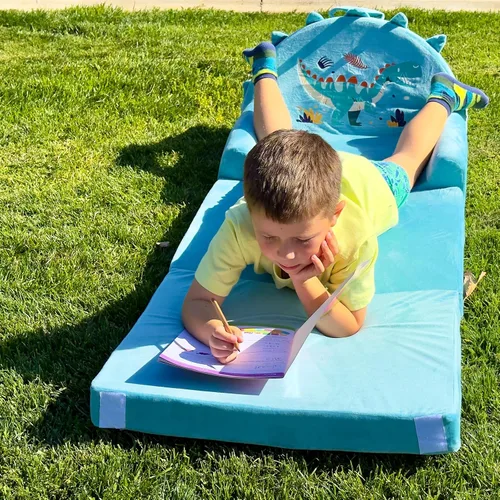 Vista 5 de Sofá cama de dinosaurio para niños con funda extraíble lavable y respaldo de cinta mágica - Silla plegable para niños pequeños, cómodos muebles