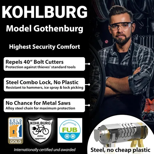 Vista 3 de KOHLBURG - Candado combinado resistente para bicicleta [vendido oro seguro] 43 pulgadas de largo Maximum Security – Anti Theft Bike Chain Lock