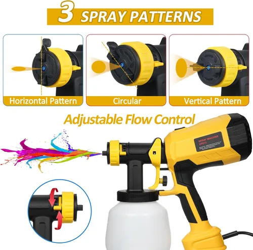 Vista 3 de Pulverizador de pintura de 600 W de alta potencia, 3 boquillas y 3 patrones, botella de 40.6 fl oz, fácil de limpiar, pistola de pulverización HVLP