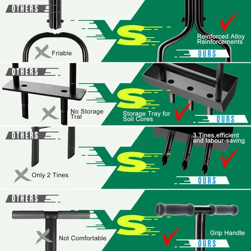Vista 4 de Aireador manual de césped con bandeja de almacenamiento para herramientas de patio con núcleo de suelo, cuidado del césped con 3 dientes