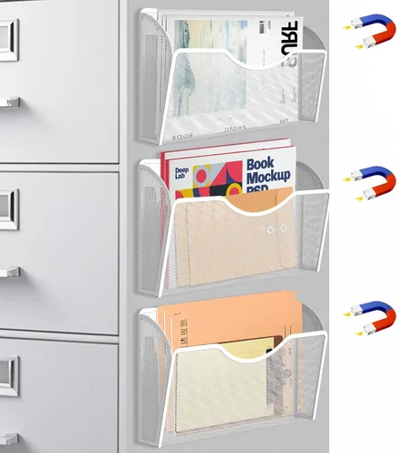 Vista 8 de Soporte magnético para archivos, organizador de carpetas de archivos de 3 bolsillos, estante de revistas colgante de oficina para archivadores
