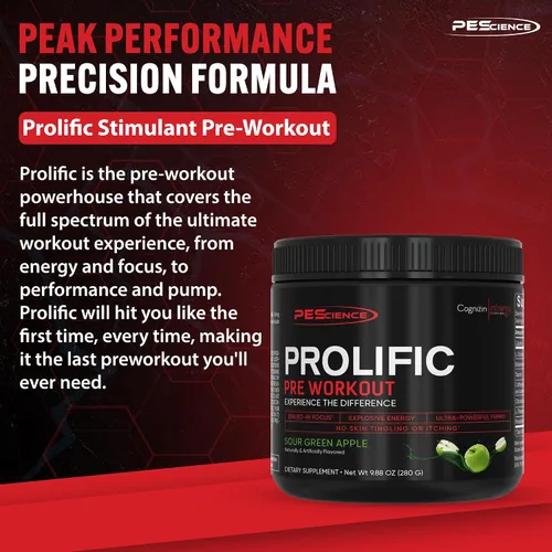 Vista 3 de PEScience - Suplemento energético Prolific en polvo con óxido nítrico para el pre entrenamiento, 40 cucharadas Energía y bomba, L citrulina