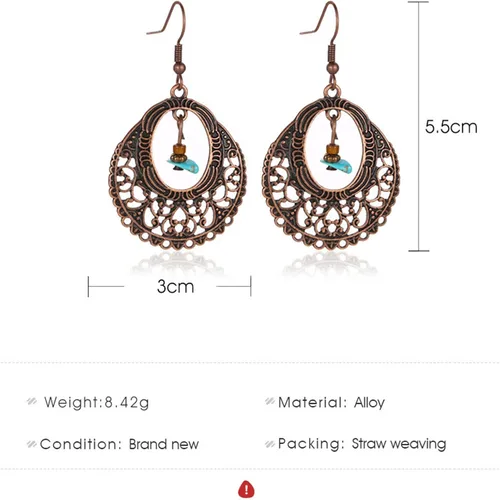 Vista 4 de Aretes bohemios hechos a mano para mujer, únicos, retro, bohemios, antiguos, étnicos, con cuentas de cobre, ligeros, huecos, colgantes, colgantes