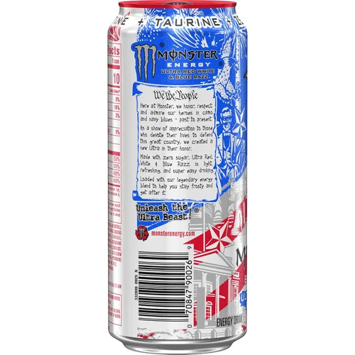 Vista 5 de Monster Energy Ultra Red White & Blue Razz, bebida energética sin azúcar, 16 onzas (paquete de 15)