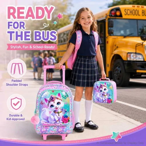 Vista 6 de Mochila con ruedas para niñas, Fox Kids School Mochilas con ruedas, mochila enrollable con lonchera para preescolar primaria (blanco)