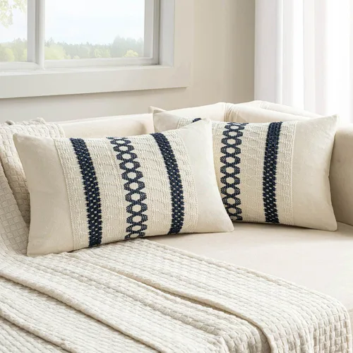 Vista 25 de MIULEE Fundas de almohada lumbares decorativas bohemias, cojín de algodón retro, tejido rustico de macramé para el hogar para cama, sofá, silla, Azul