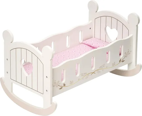 Vista 9 de Cuna de Muñecas de Madera ROBOTIME, Cuna de Muñecas con Balancín, Ropa de Cama Reversible para Niñas, Para Muñecas de Hasta 20 Pulgadas (Blanco)