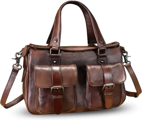 Vista 2 de Bolso de cuero genuino para mujer, estilo retro, hecho a mano, con asa superior, bolso de hombro, bolso cruzado de diseñador