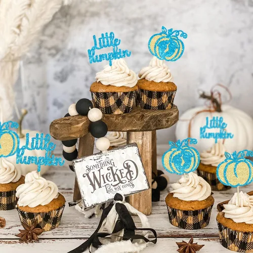 Vista 4 de Gyufise 24 piezas de decoración de cupcakes de calabaza con purpurina para temática de otoño, Acción de Gracias, Halloween, baby shower, niños