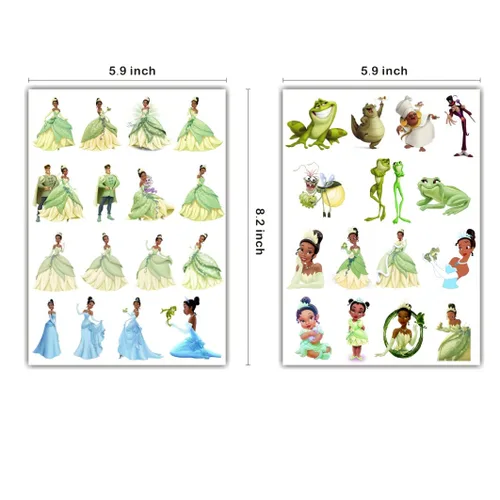 Vista 3 de 8 hojas de tatuajes temporales de princesa Tiana para suministros de fiesta, tatuajes temporales de princesa y rana para decoraciones de fiesta