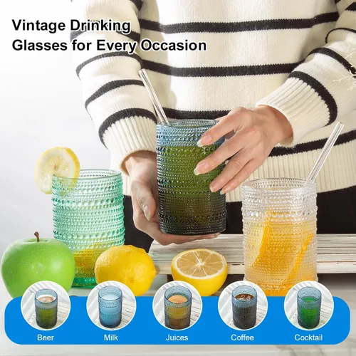 Vista 5 de Vasos altos vintage azules con reborde y pajitas, juego de 12 vasos de vidrio para cócteles, whisky, cerveza y jugo (15 onzas y 12 onzas)