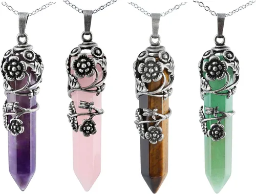 Vista 10 de TUMBEELLUWA 4 collares con colgante de piedra de cristal natural para mujer, colgantes de piedra de cuarzo curativo Reiki a granel con cadenas