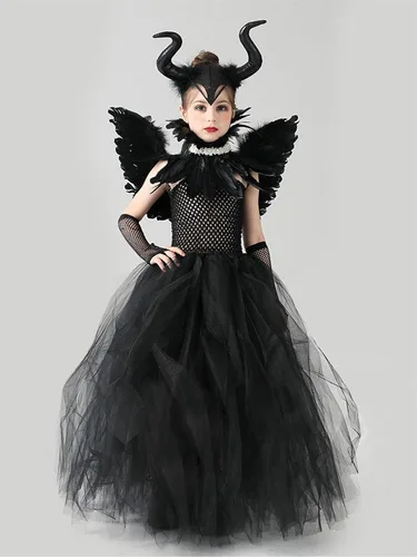 Vista 5 de Lchiji Disfraz de bruja de vampiro para niñas, tutú de tul, cuernos, capa de plumas y cuernos, conjunto de disfraz de cosplay