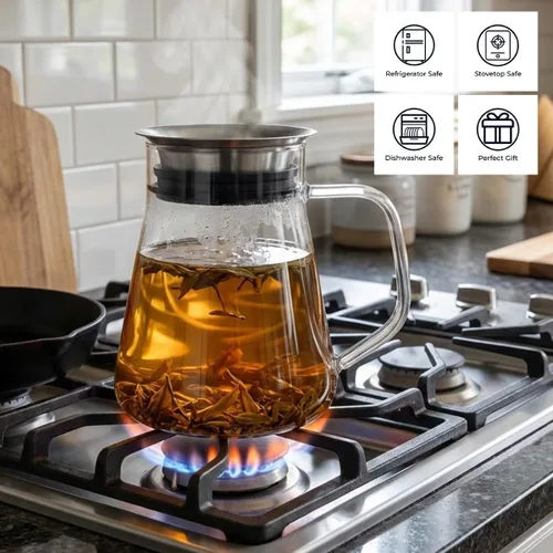 Vista 3 de Aquach Tetera de vidrio de 27 onzas con tapa de filtro inteligente, hervidor de té de vidrio de borosilicato seguro para estufas con infusor