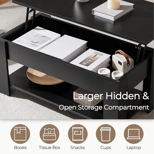 Vista 6 de Yaheetech Mesa de café de madera, mesa de centro con estante de almacenamiento oculto grande, mesa de comedor con superficie elevada para sala